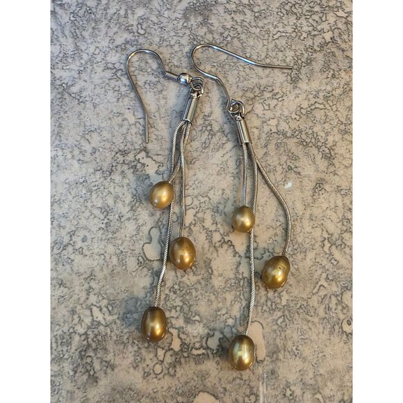 Gold Pearl Drop Silver Snake Chain Dangle Earrings - Picture 3 of 6